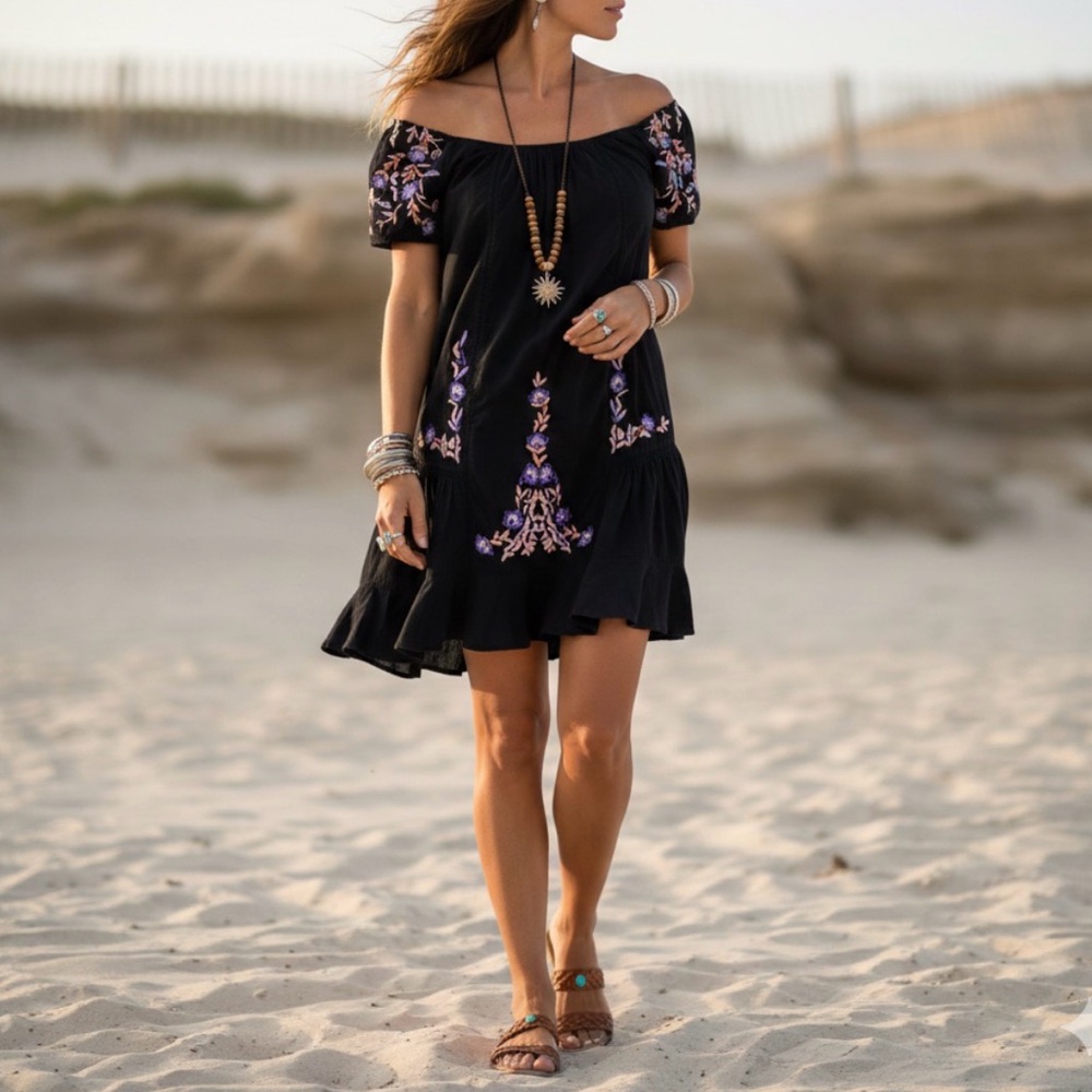 Free People Boho Black Floral Embroidered Off Shoulder Dress - Picture 12 of 12